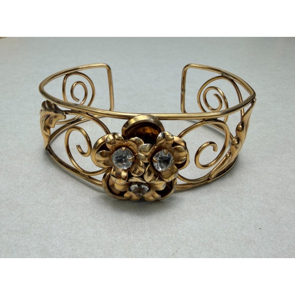 Vintage Walter Lampl Gold Filled Floral Rhinestone Bracelet Circa 1940s